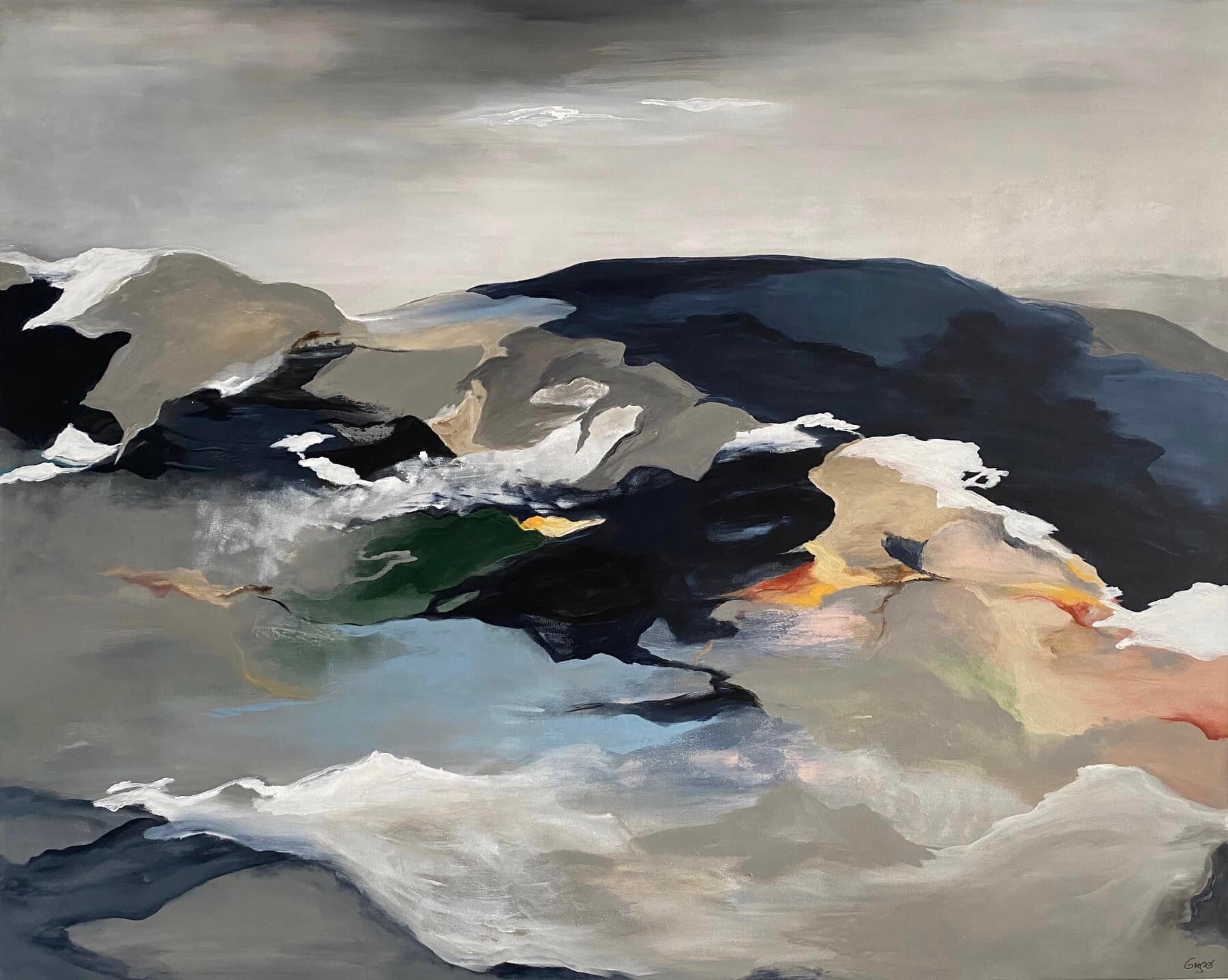 Haandmalet abstrakt landskab i moerke og lyse nuancer