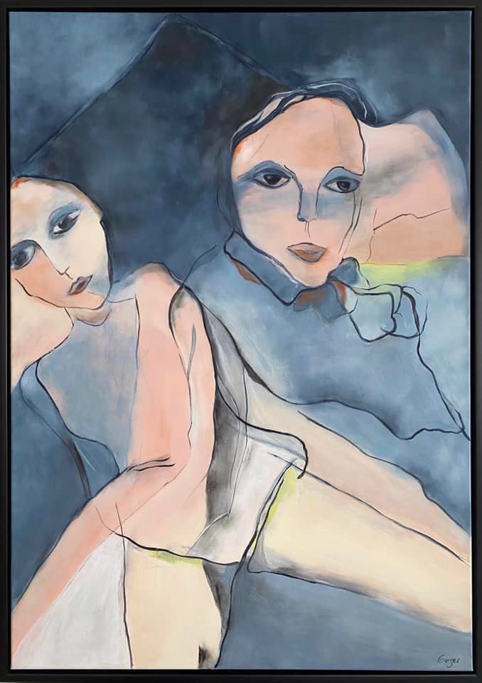 Figurativt maleri med to personer i blaagraa og lyse toner