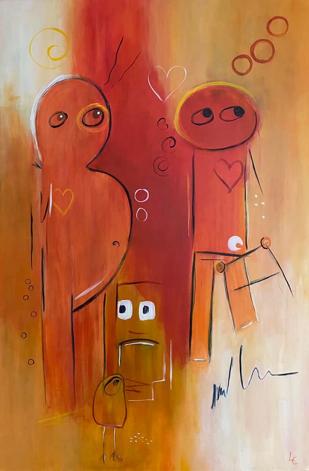 Legende figurativt maleri i varme orange og gyldne toner