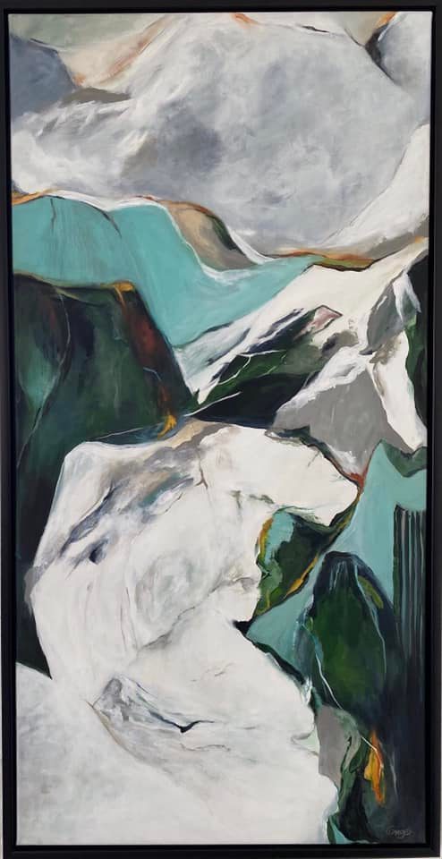 Haandmalet abstrakt vaerk i hvid, groen og turkis