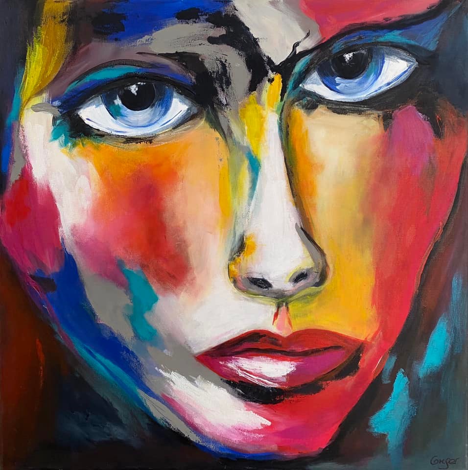 Farverigt portraitmaleri med intense bla og gule nuancer